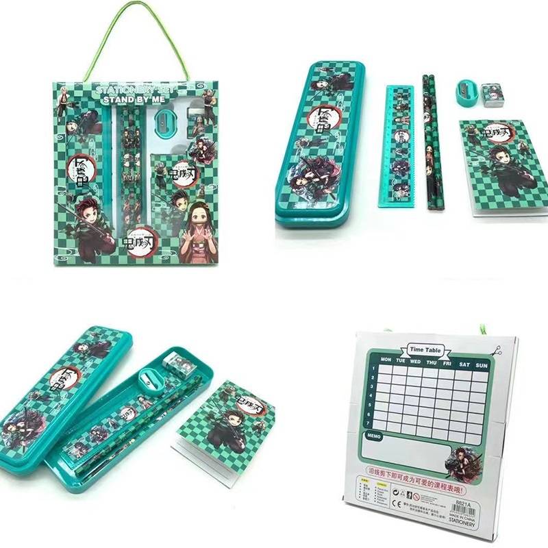 Bộ bút chì kèm tẩy gôm, thước kẻ và gọt bút chì quà 6 Pcs/set Anime Demon Slayer Kimetsu No Yaiba Cute Pencil Case Ruler Pencil Eraser Booklet Pencil Sharpener Stationery Set Kamado Tanjirou Nezuko Agatsuma Zenitsu