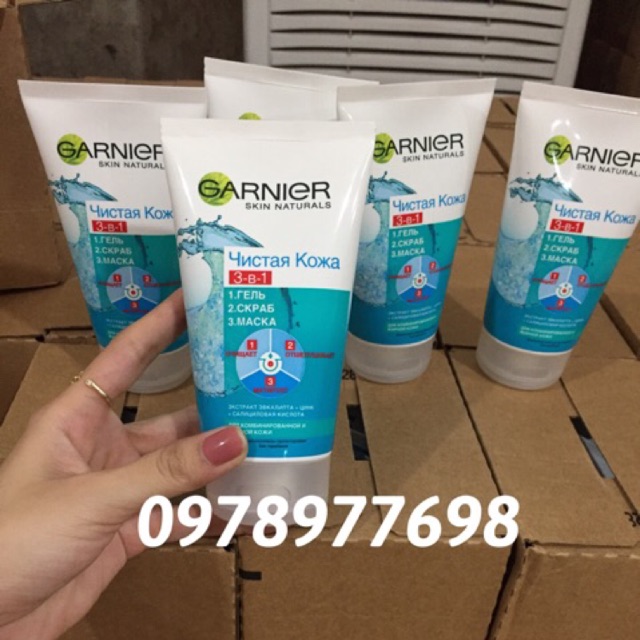 Gel rửa mặt tẩy tế bào chết làm trắng da Garnier clean skin 3in1 Gel - Scrub - Mask 150ml | BigBuy360 - bigbuy360.vn