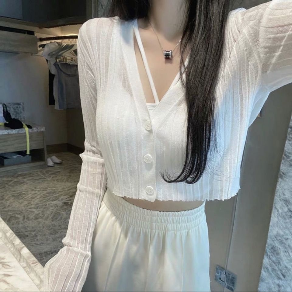 Jiashucheng Áo Khoác Cardigan Dệt Kim Mỏng Lưng Cao Chống Nắng Thời Trang Mùa Hè Cho Nữ