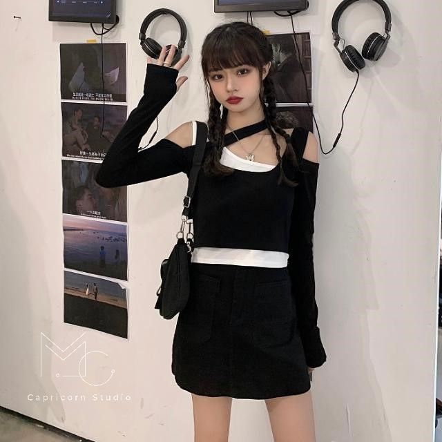 Áo thun dài tay giả hai mảnh dáng croptop cho các cô nàng cá tính phong cách Hàn Quốc Ulzzang