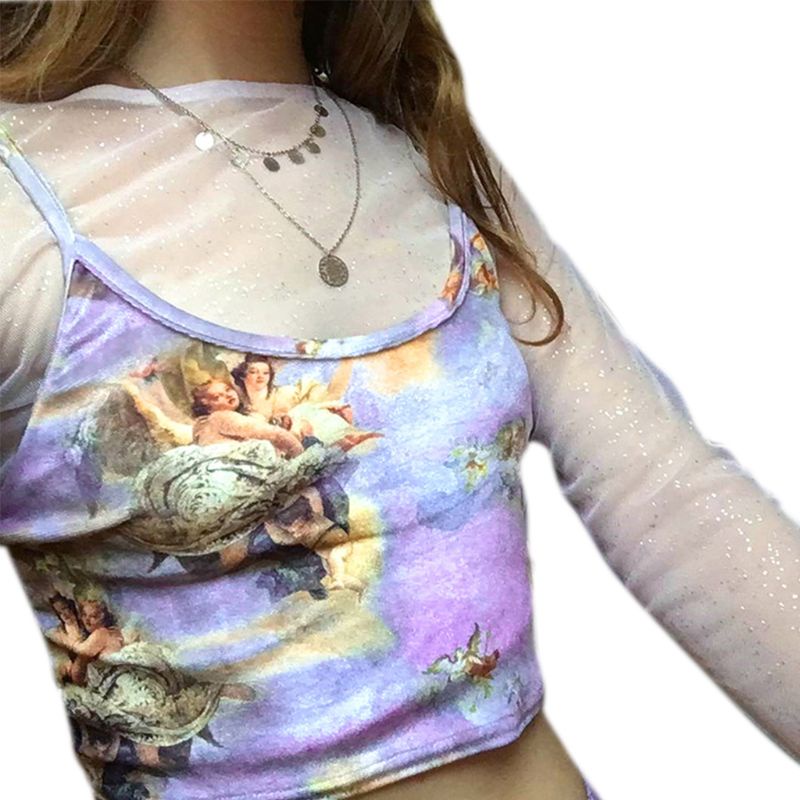 ✿ Áo Croptop Tay Dài Cổ Tròn Hoạ Tiết Thiên Thần Tình Yêu Lãng Mạn