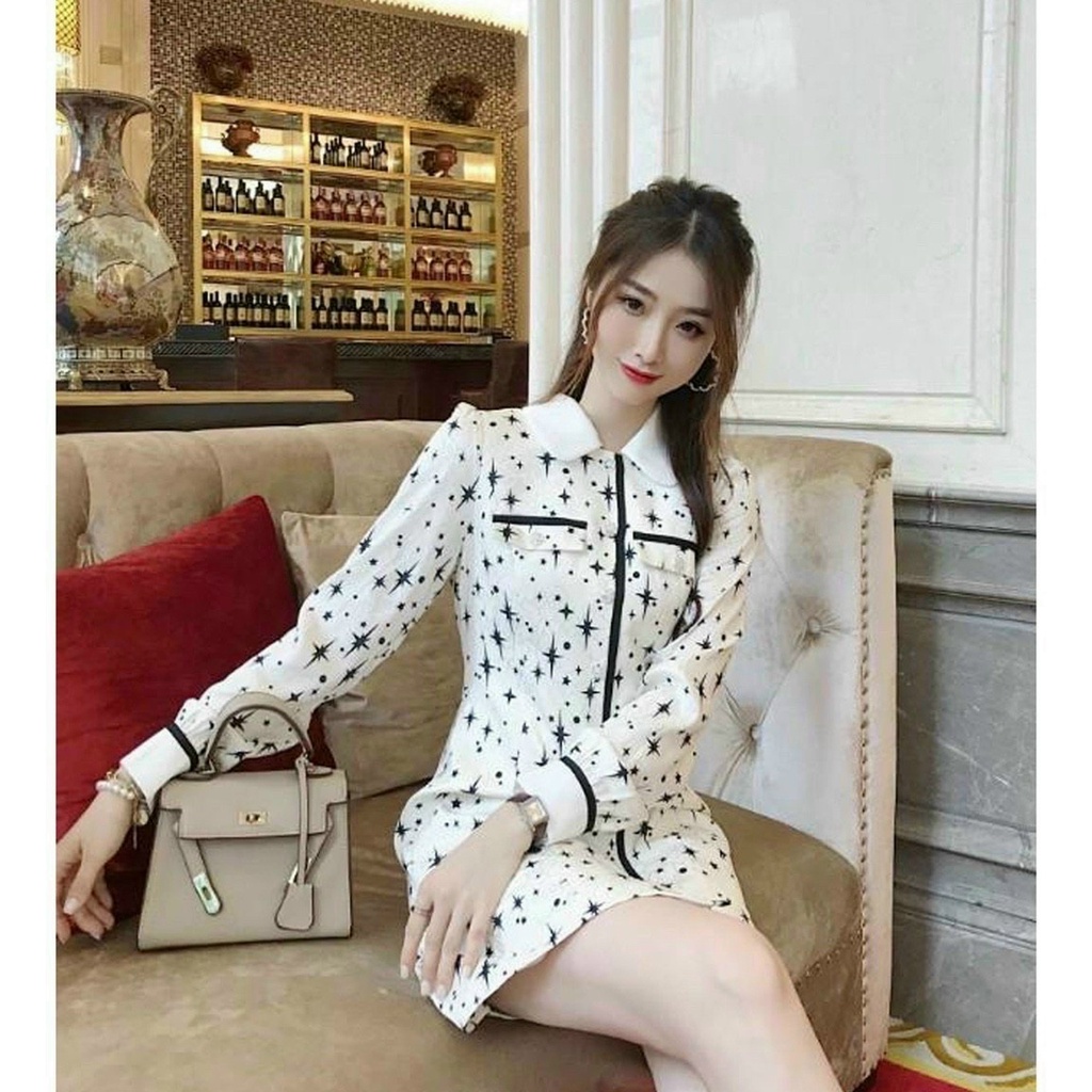 Hàng QC - Đầm gấm suông sơ mi họa tiết ngôi sao cao cấp - LCT89