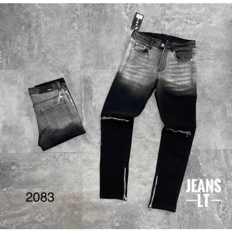 Quần jeans nam, màu đen loang màu, khóa gối, khóa chân