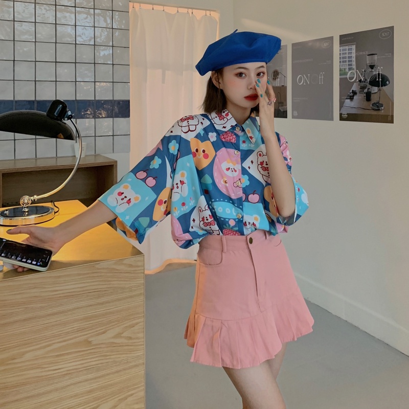 Áo Sơ Mi Tay Ngắn Dáng Rộng In Họa Tiết Dễ Thương Thời Trang Mùa Hè Cho Nữ