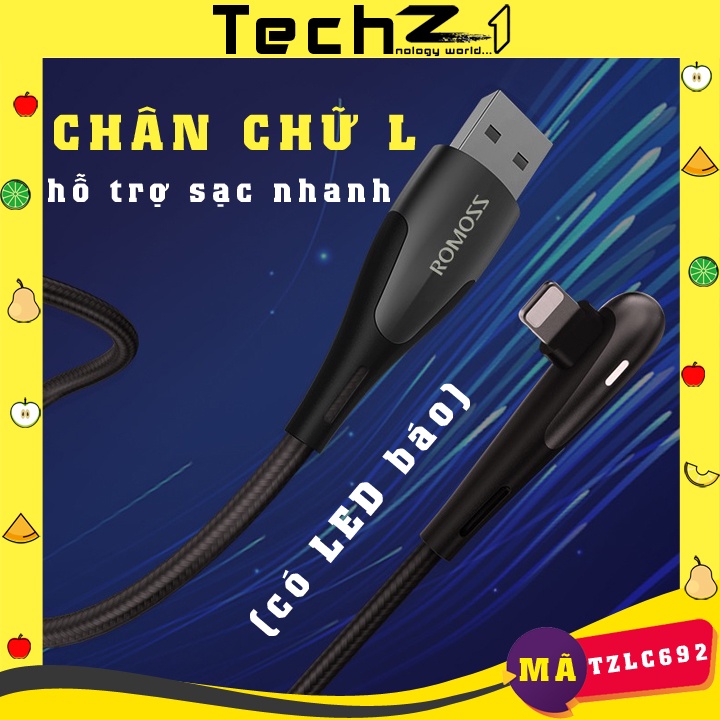 [LED báo] Dây sạc iPchân chữ L chống gãy hiệu ROMOSS 1.2met/2met - Mã TZLC692