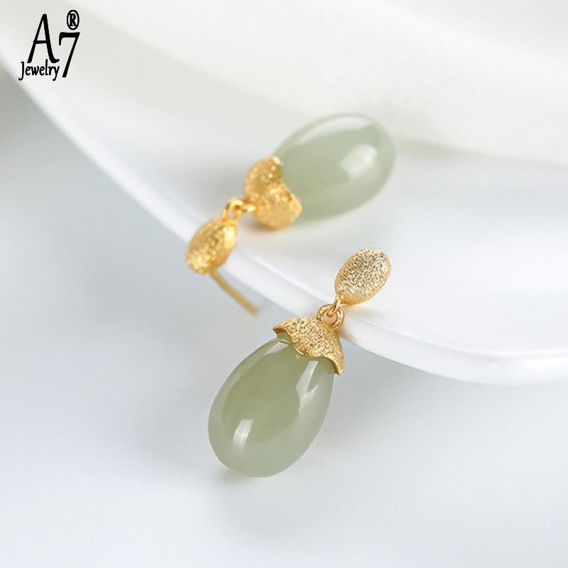 Bông Tai Mạ Bạc 925 Đính Đá Ngọc Bích Màu Xám Sang Trọng A7 S925