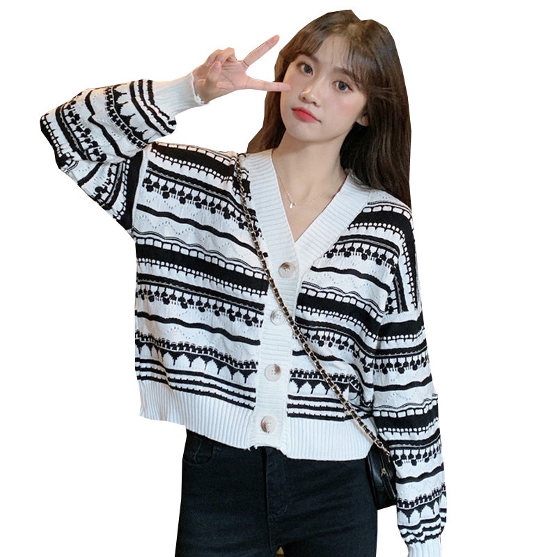 Áo khoác Cardigan dệt kim tay dài cổ chữ V dáng rộng họa tiết kẻ sọc phong cách retro hàng mới dành cho bạn nữ