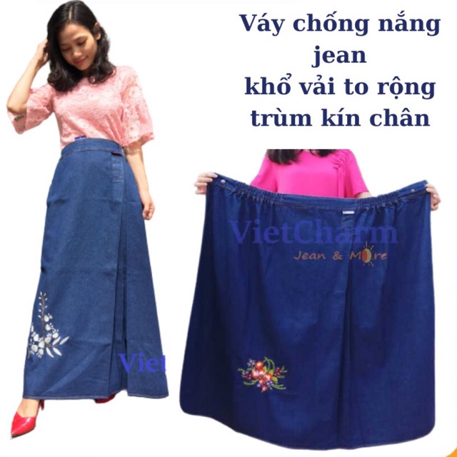 Váy chống nắng jean cao cấp thêu hoa nút bấm đồng bền đẹp che toàn thân Vietcharm Thiên Nga Hoa My