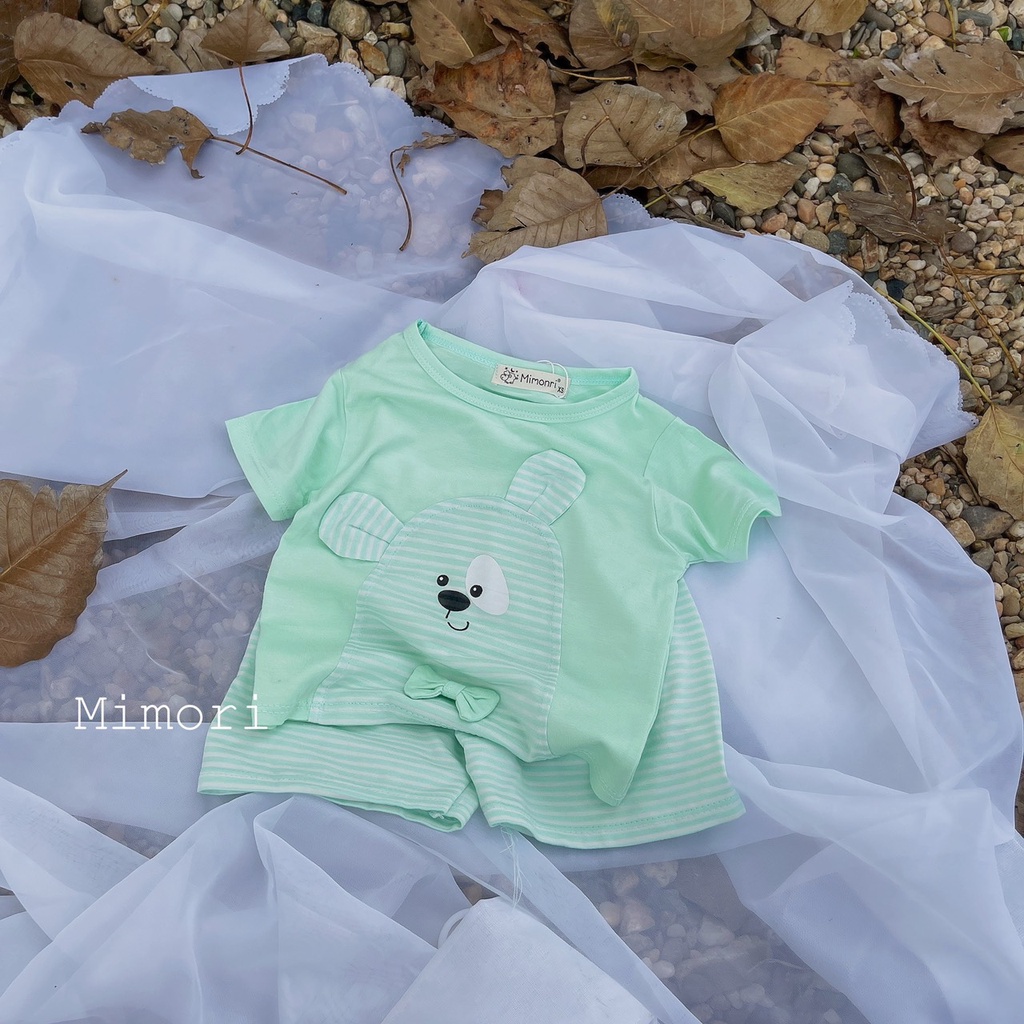 [SALE] Bộ Cộc Tay Cho Bé Trai, Bé Gái KIMCHIBABY Vải Thun Lạnh Gấu Kẻ Đính Nơ, Đồ Bộ Cho Bé Mặc Nhà KW2212