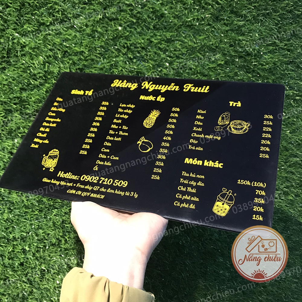 Menu quán nước , bảng giá quán nước, quán trà sữa đồ ăn vặt, quán cà phê, tiệm trà sữa, chất liệu mica