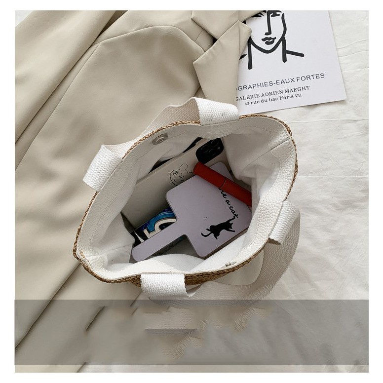 Túi Cói Đi Biển Boho Vintage Đeo Vai, Đeo Chéo Hình Vuông Chữ Nhật Dây Da Màu Trắng Đen