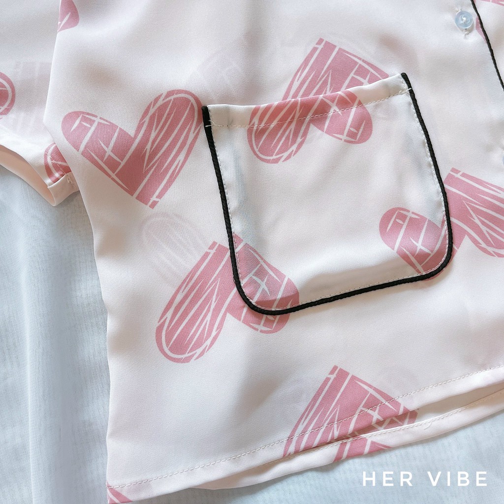 Bộ đồ pijama bộ ngủ nữ lụa đẹp set pyjama lụa nữ áo cộc quần ngắn siêu mát mềm trái tim hồng, bò sữa, da báo | BigBuy360 - bigbuy360.vn