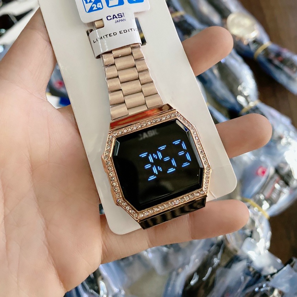 Đồng hồ nam nữ LED cảm ứng viền đá cao cấp dây thép không gỉ sang trọng unisex