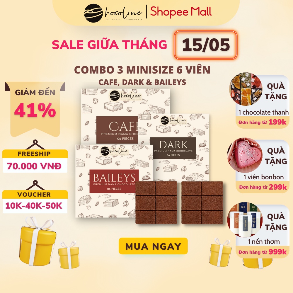 Socola Tươi Chocoline Vị Đắng Dark &amp; Cà Phê &amp; Vị Kem Sữa Baileys - Combo 3 hộp Mini 6V