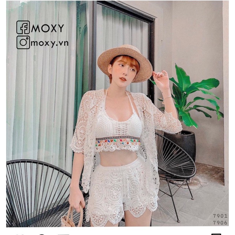 Set biển - set 3 món - bra vây cá mix ngọc + quần ren hoa sóng + choàng ren vỏ sò (có tách rời)