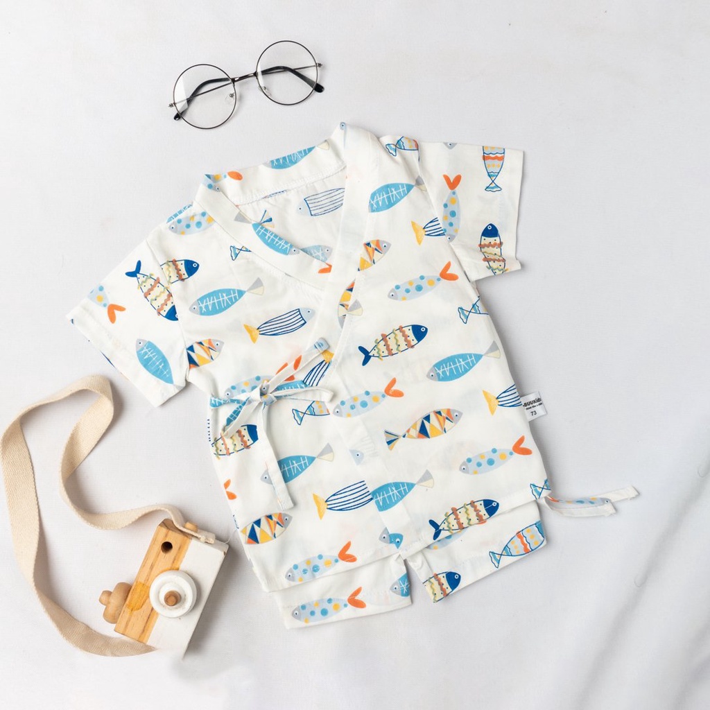 Bộ yukata cộc tay cho bé size nhí từ 3-9 tháng, họa tiết đáng yêu, chất cotton thô thấm hút mồ hôi