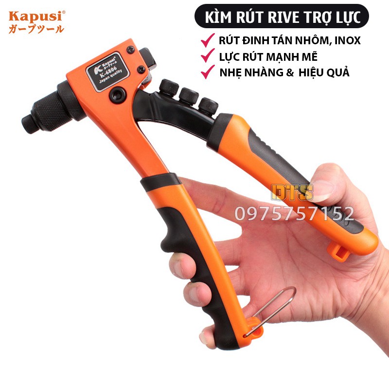 Kìm rút đinh tán công nghiệp Kapusi JAPAN 8inch , kềm rút rive trợ lực đinh rút nhôm, inox 2.4-4.8mm, bấm rive đinh tán