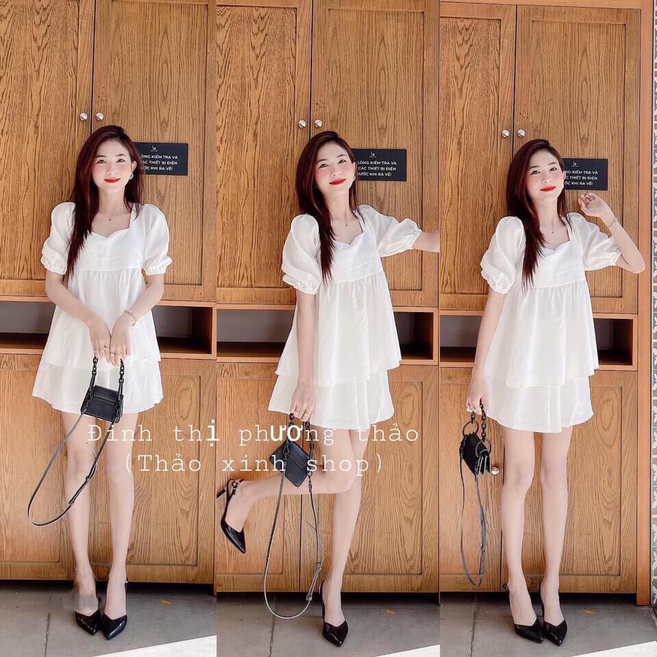 SET ĐỒ ÁO BABYDOLL TRẮNG kèm QUẦN SOOC - MARCH MALLOW SET Áo Cổ Vuông Tay Chun Bồng + Quần Short Đùi