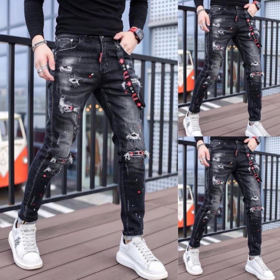 Quần Jean Nam Rách XM 34 Chất Bò Cao Cấp Co Dãn nhẹ ,quần rin nam đẹp vẩy sơn cá tính hàn quốc . ! ~