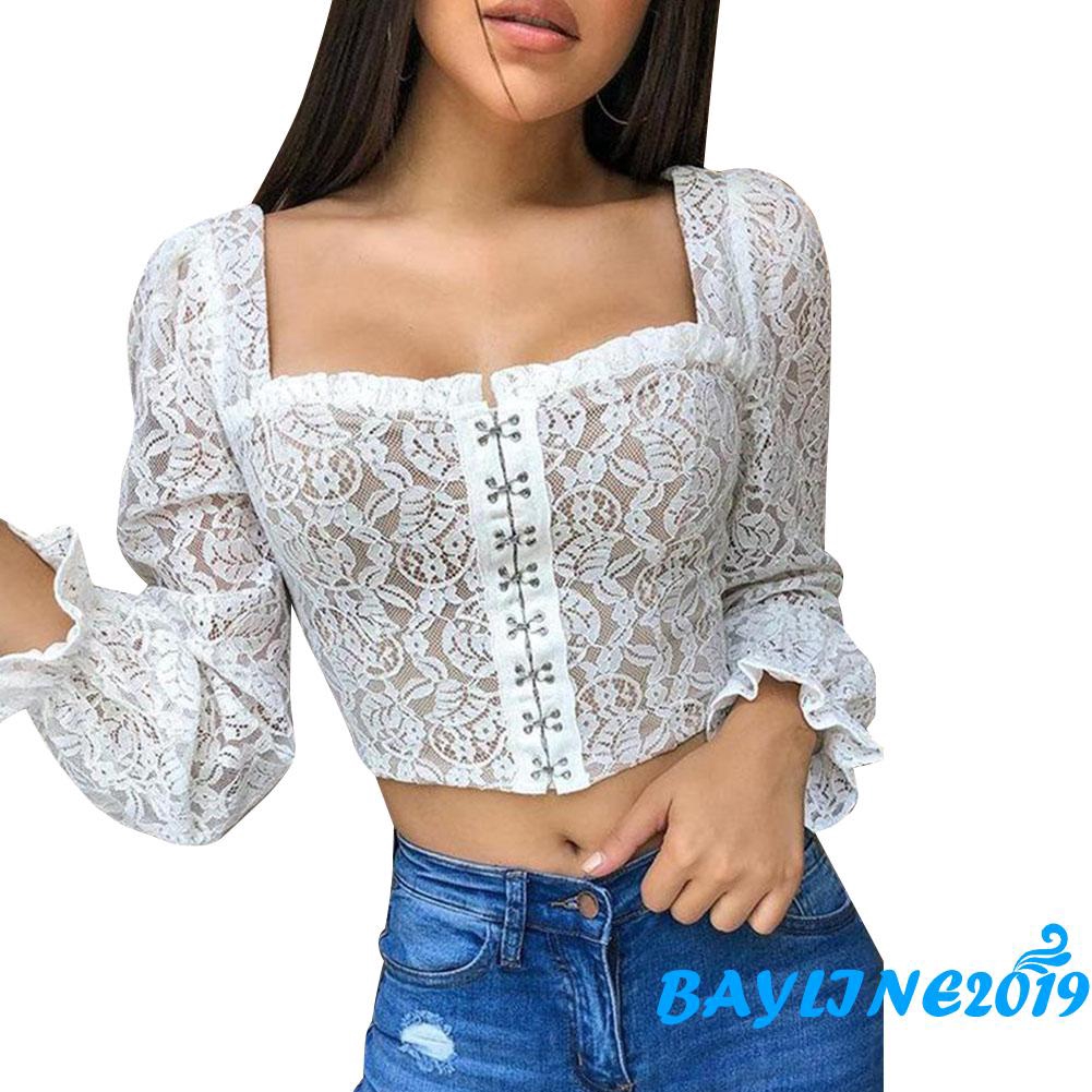 Áo Croptop Cổ Chữ U Phối Ren Màu Trơn Quyến Rũ Dành Cho Nữ