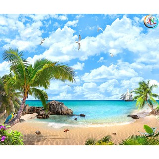 Tranh dán tường 3D Phong cảnh biển đẹp - vải lụa