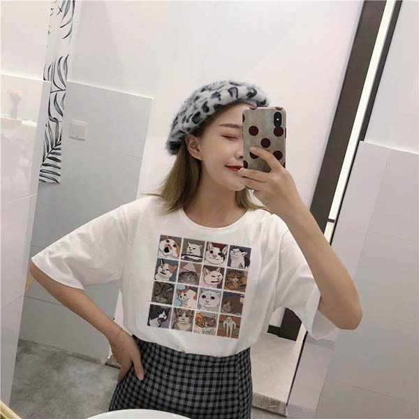 Áo thun Mùa hè Ulzzang Phim hoạt hình Hippie Smiley Kawaii Cat Tshirt Phụ nữ Harajuku