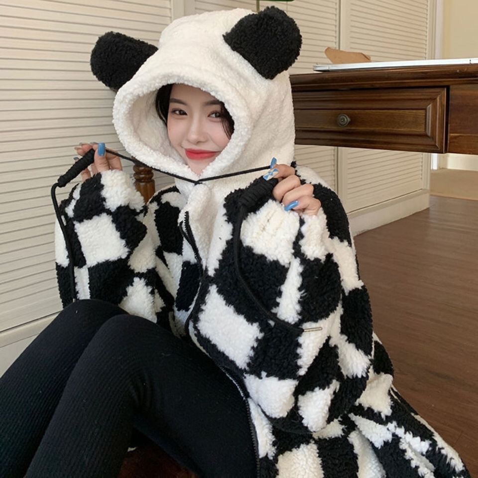 Áo khoác bông kẻ caro đen trắng kèm mũ cute