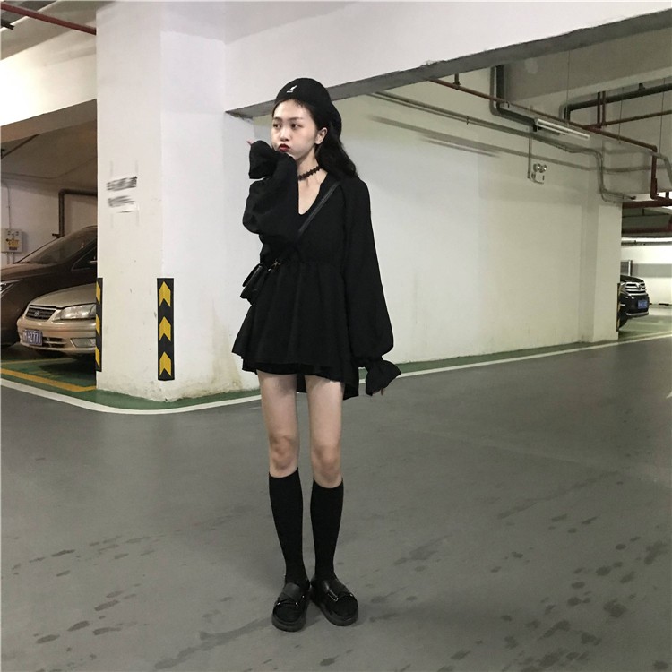 Xiaozhainv Váy tay dài bằng cotton cổ chữ V phong cách Hàn Quốc hợp thời trang cho phái nữ | BigBuy360 - bigbuy360.vn