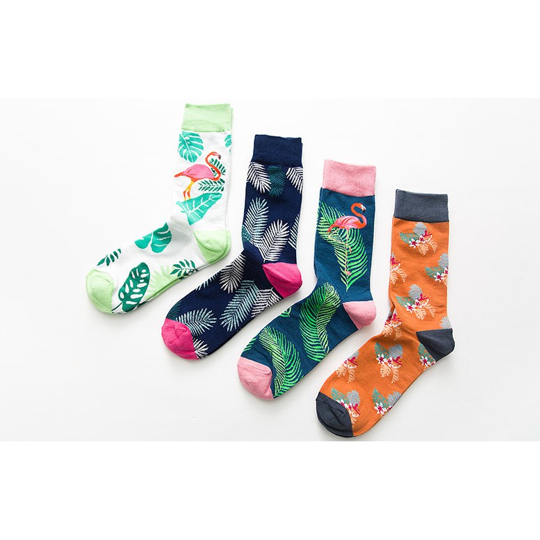 Vớ hoạ tiết nam nữ Cotton Unisex cổ cao phối hoạ tiết lá cây
