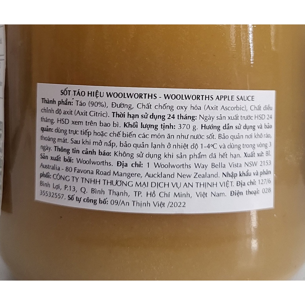 [Lọ 370g] XỐT TÁO [Belgium] WOOLWORTHS Apple Sauce (atv)