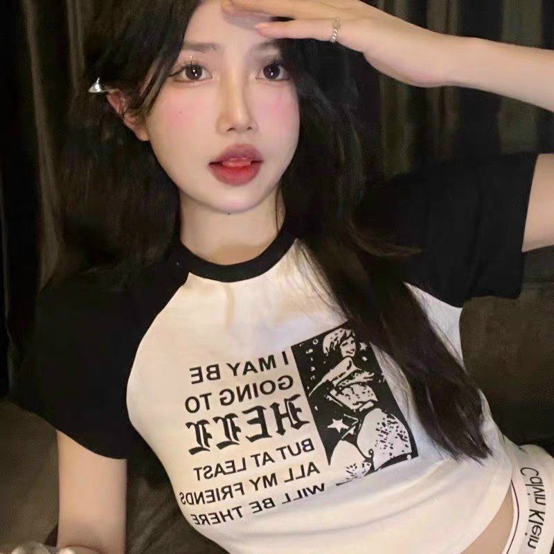 Áo thun nữ cổ tròn kiểu tay ngắn in họa thiết dáng croptop 40