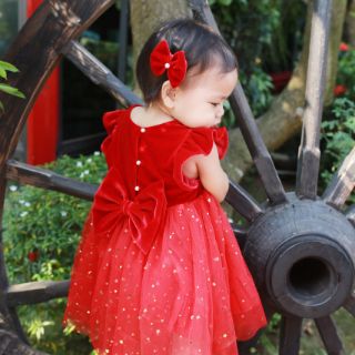 Đầm Sofia đỏ đính nơ phối ren cho bé gái