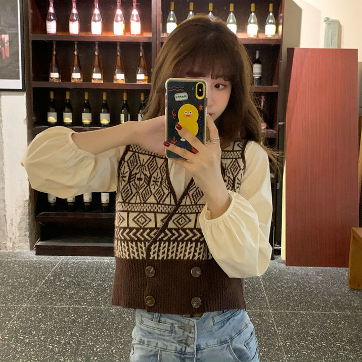 Áo gile sweater dệt kim ôm eo cổ chữ V xinh xắn cho nữ