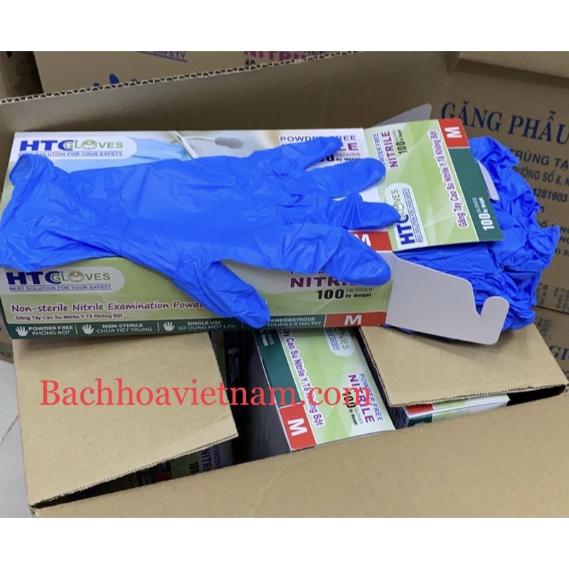Găng tay y tế Nitrile không bột 1 hộp 100 chiếc, HTC Gloves màu xanh