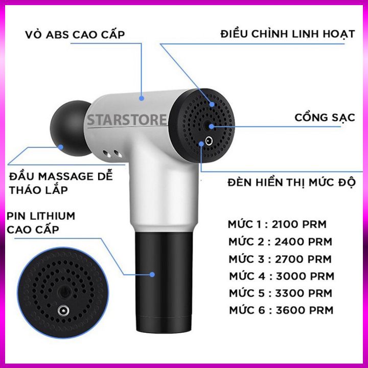 Máy massage cầm tay cổ vai gáy chân cao cấp 4 đầu 6 chế độ, Máy đấm bóp rung mát xa giúp giãn cơ, đỡ mỏi toàn thân