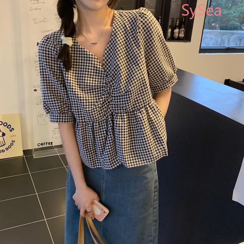 Áo kiểu tay phồng cổ chữ V phong cách Pháp thời trang thanh lịch cho nữ