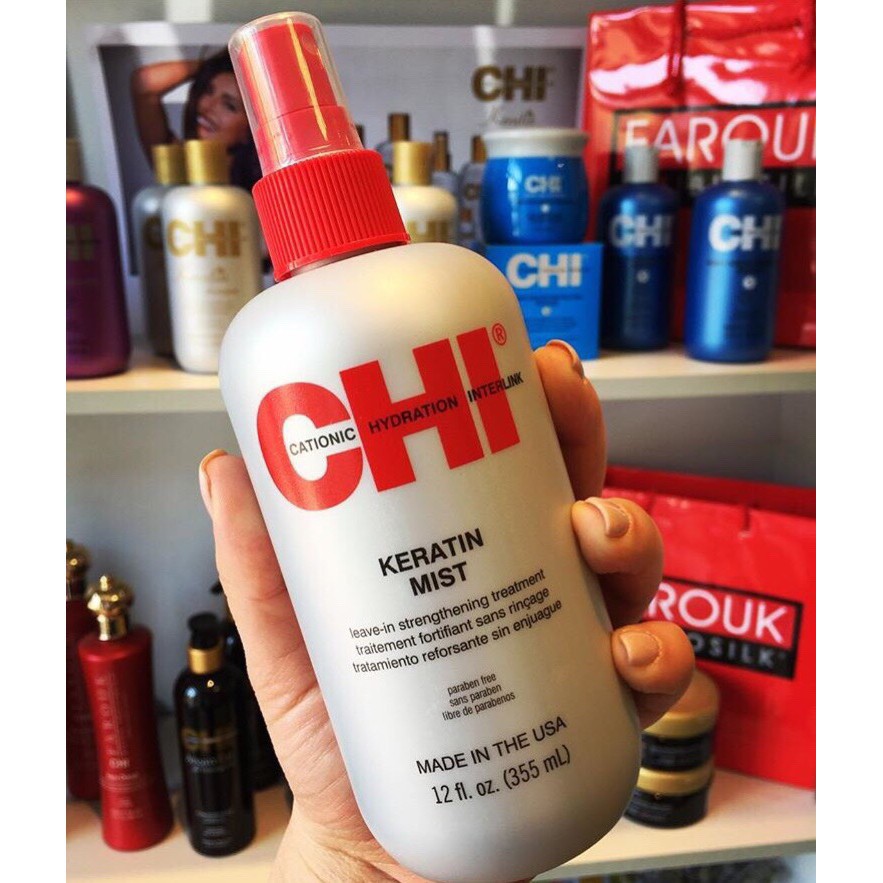 #chi_usa_chính_hãng_100% Xịt dưỡng ẩm CHI Keratin Mist Leave In Strengthening Treatment 355ml