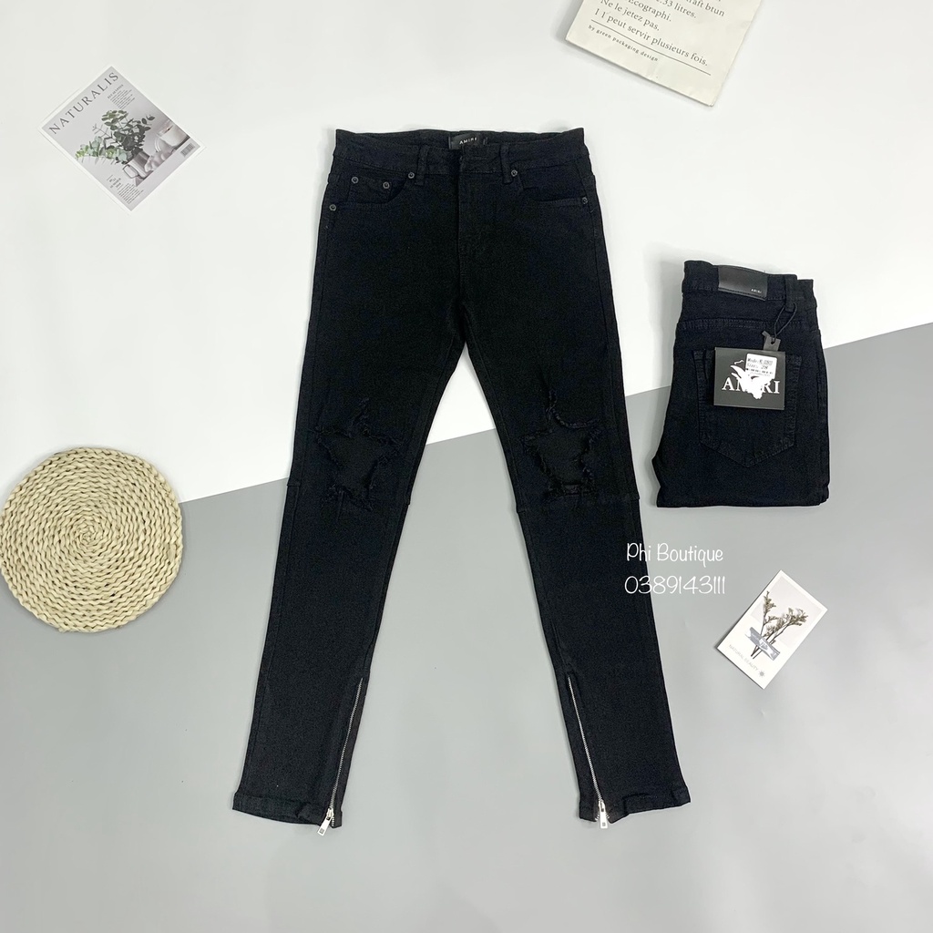 Quần Jean Zipper Đen Nam Rách Thủng Gối Phối Khoá Ống QJ132P