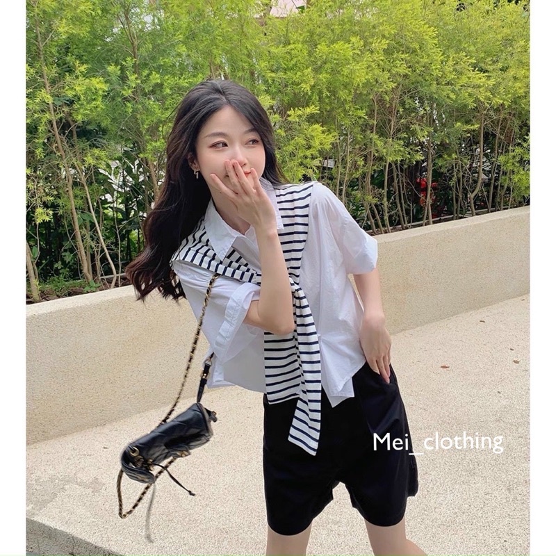 Set 3 món sơmi quần short kèm choàng cổ kẻ sọc, set đồ nữ