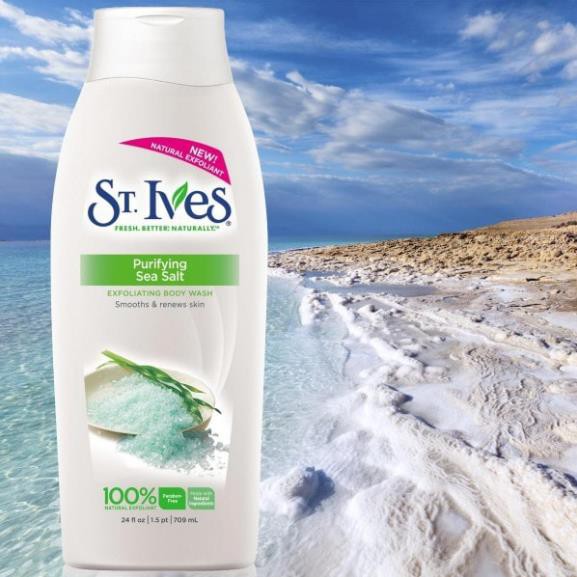 Combo Sữa Tắm Tinh Chất Muối Biển St.Ives Tẩy Tế Bào Chết 709ml + Khăn Tắm Nhật 140x70cm