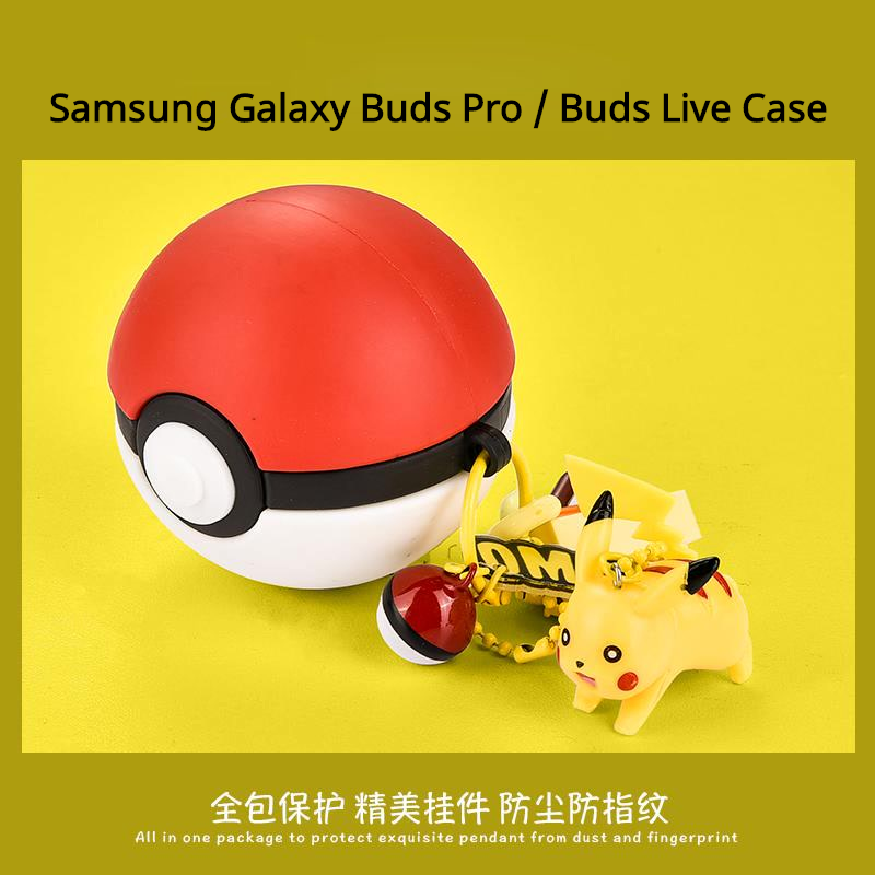Vỏ hộp sạc tai nghe Samsung Galaxy Buds Live/Pro hình bóng Pokeball có gắn búp bê Pikachu bằng silicone mềm chống bụi
