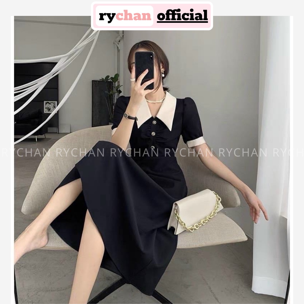 Đầm Nữ Dự Tiệc Cực Thanh Lịch Dáng Dài Xòe Nút Trước Cổ Lá Viền Trắng Màu Đen - DX9740