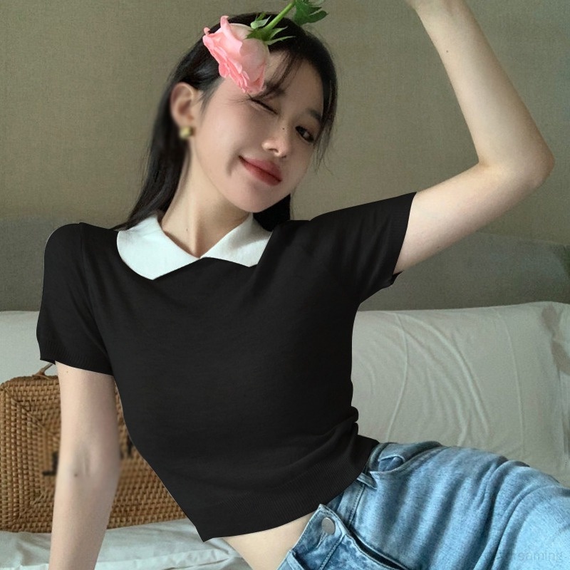 Áo Croptop Dệt Kim Tay Ngắn Cổ Búp Bê Màu Sắc Tương Phản Thời Trang Cho Nữ