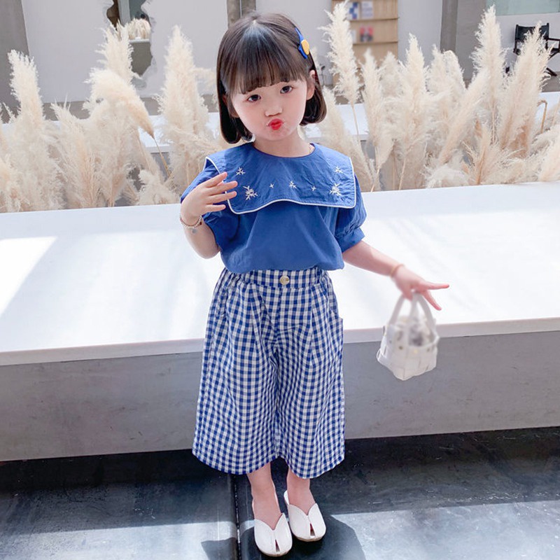 Se7en Set Áo Sơ Mi Ngắn Tay Màu Trơn + Quần Thời Trang Hè Hàn Quốc Cho Bé Gái