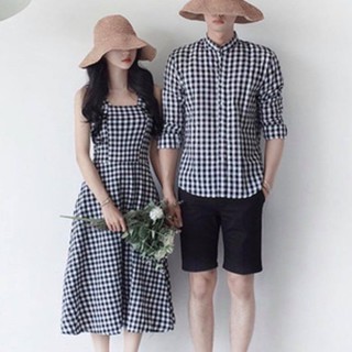 Set đồ đôi nam nữ đẹp couple tina set đồ cặp nam nữ hai dây caro đen trắng siêu siêu đẹp cho các cặp đôi