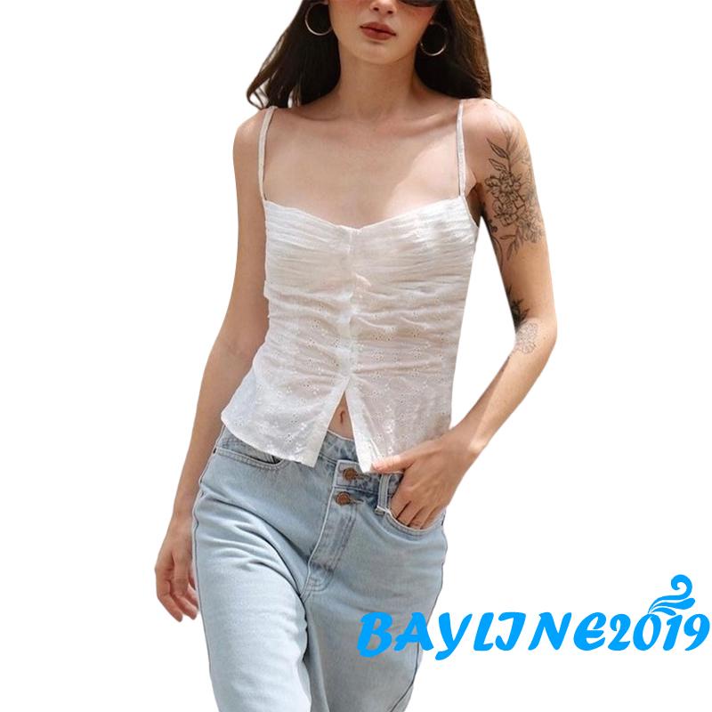 Bay- Áo Tank Top Hai Dây Spaghetti Ôm Dáng Phối Nút Rỗng Đan Móc Hình Hoa Cho Nữ