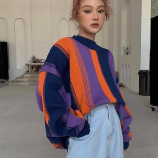 DECAO Áo Len kẻ dọc pha màu