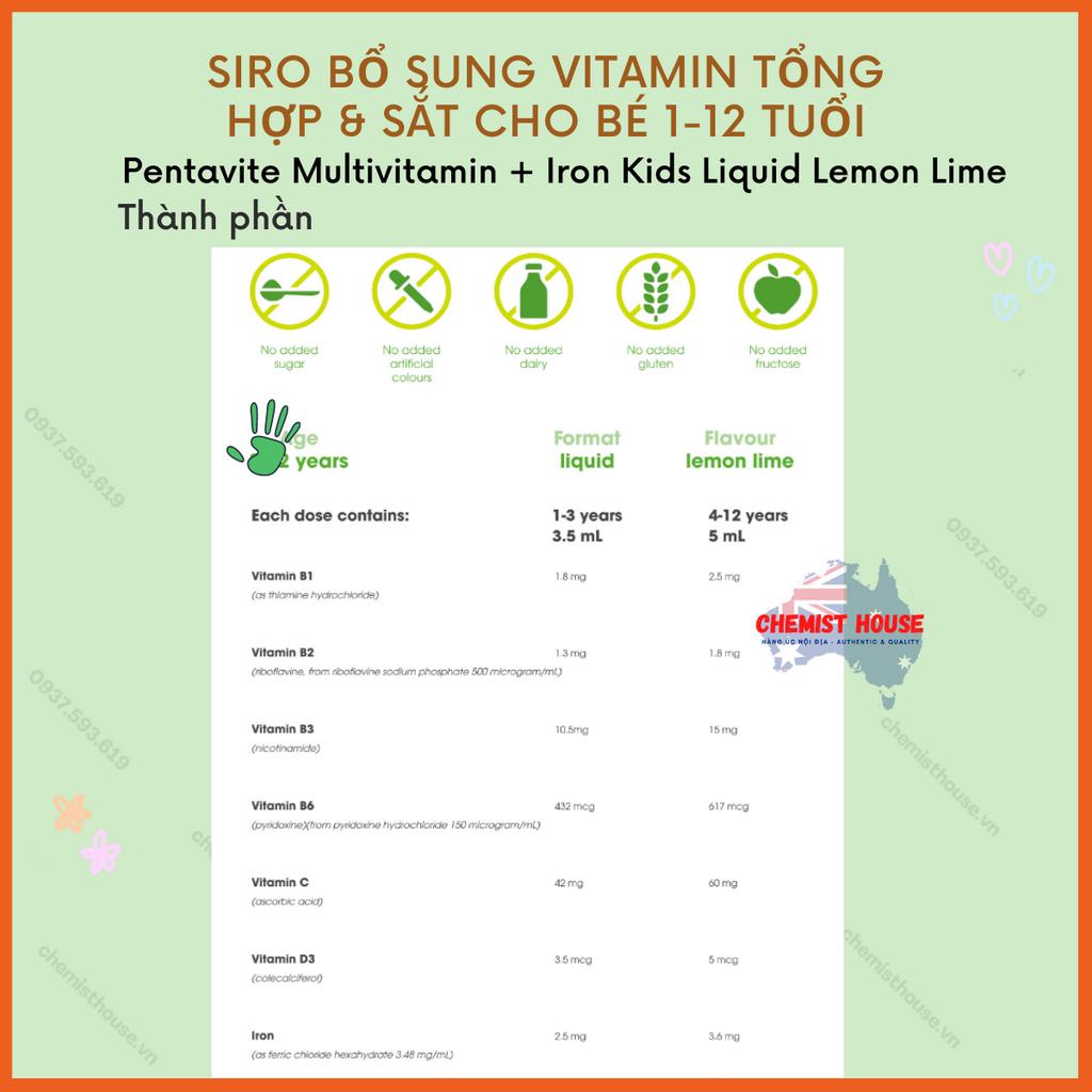Siro Bổ Sung Vitamin Tổng Hợp & Sắt Cho Bé 1-12 Tuổi Pentavite Multivitamin + Iron Kids Liquid Lemon Lime 200ml NEW