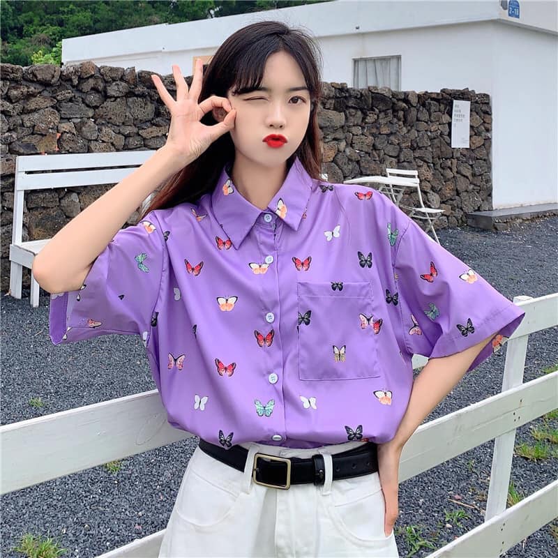 freeship Áo Sơ Mi Côc Tay Bướm , Áo Sơ Mi Trắng In Hình Bướm Ngũ Sắc | BigBuy360 - bigbuy360.vn