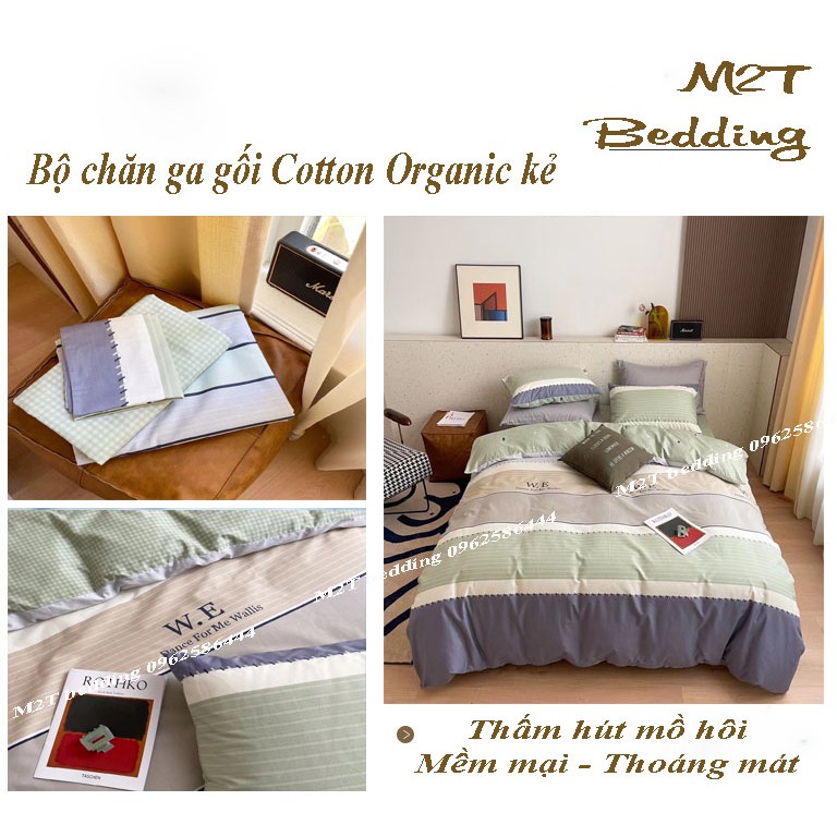 Bộ chăn ga gối Cotton Organic Bo Decor ga gối cotton Hàn Quốc kẻ 2021 miễn phí bo chun grap giường